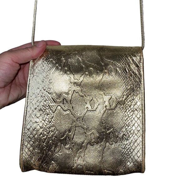 Vintage Womens Crossbody Shoulder Bag One Size Gold Snake Embossed Leather Snap - Picture 6 of 10